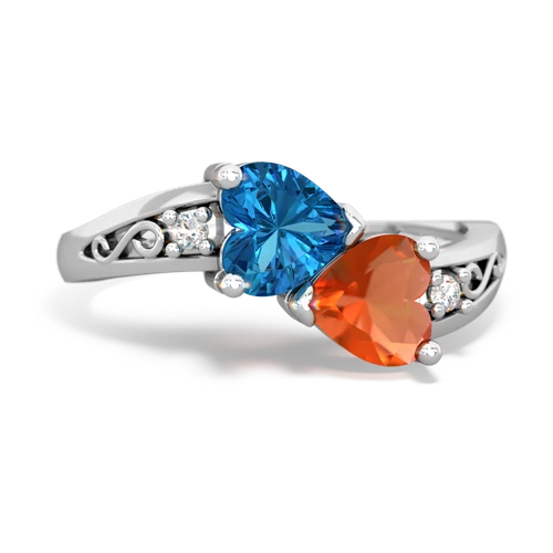 London Topaz Genuine London Blue Topaz with Genuine Fire Opal Snuggling Hearts ring Ring