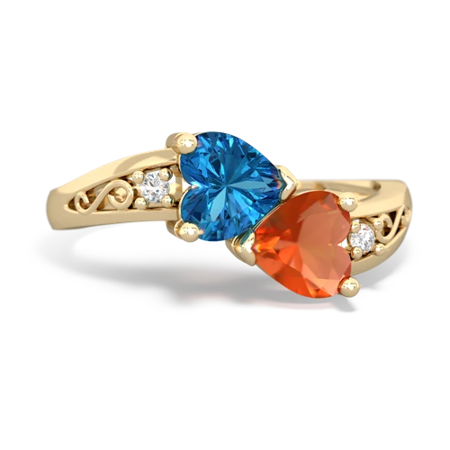 London Topaz Genuine London Blue Topaz with Genuine Fire Opal Snuggling Hearts ring Ring