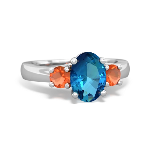 London Topaz Genuine London Blue Topaz with Genuine Fire Opal Three Stone Trellis ring Ring