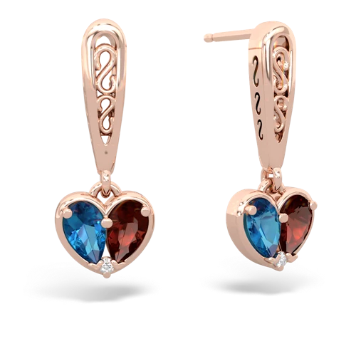 london topaz-garnet filligree earrings