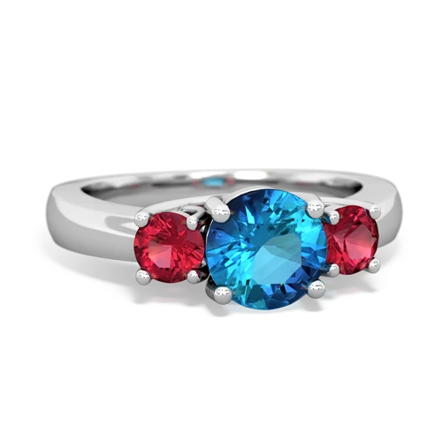 London Topaz Genuine London Blue Topaz with Lab Created Ruby and Lab Created Emerald Three Stone Trellis ring Ring
