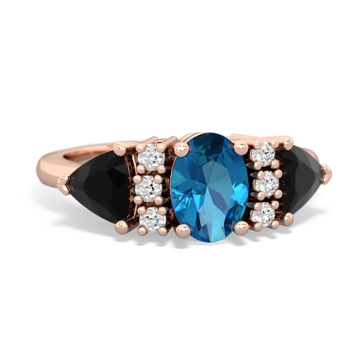 Genuine London Blue Topaz with Genuine Black Onyx and Genuine Fire Opal Antique Style Three Stone ring