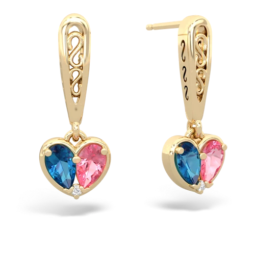 london topaz-pink sapphire filligree earrings