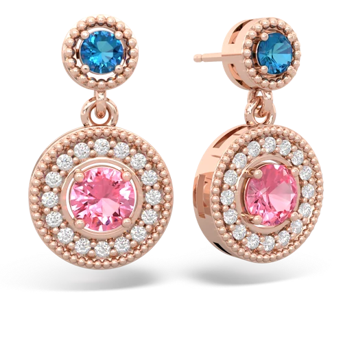 london topaz-pink sapphire halo earrings
