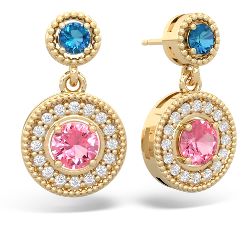 london topaz-pink sapphire halo earrings