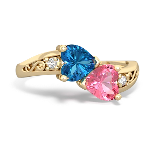 London Topaz Genuine London Blue Topaz with Lab Created Pink Sapphire Snuggling Hearts ring Ring