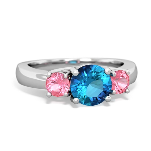 London Topaz Genuine London Blue Topaz with Lab Created Pink Sapphire and Genuine White Topaz Three Stone Trellis ring Ring