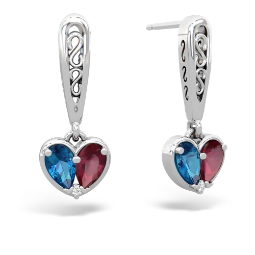 london topaz-ruby filligree earrings