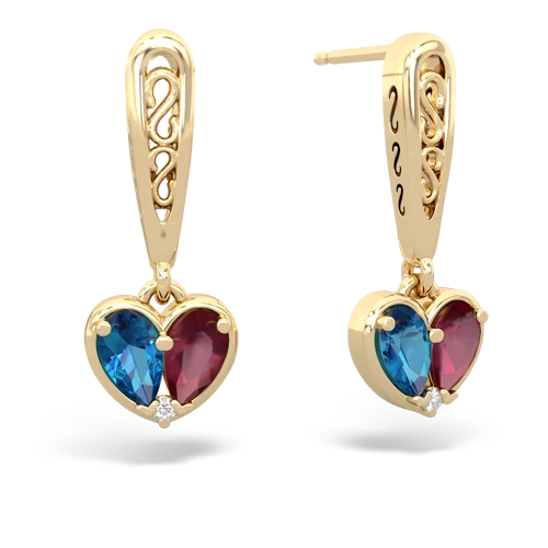 london topaz-ruby filligree earrings