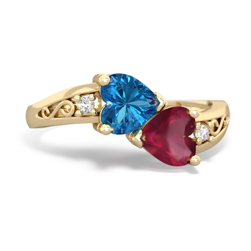 London Topaz Genuine London Blue Topaz with Genuine Ruby Snuggling Hearts ring Ring