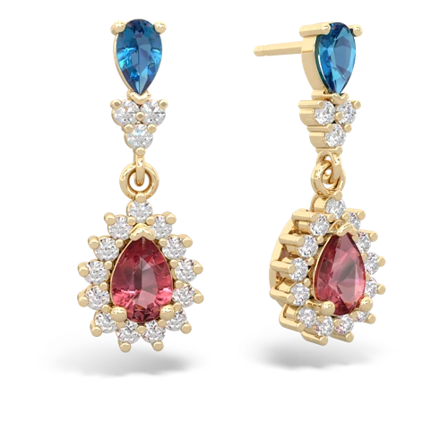 Genuine London Blue Topaz with Genuine Pink Tourmaline Halo Pear Dangle earrings