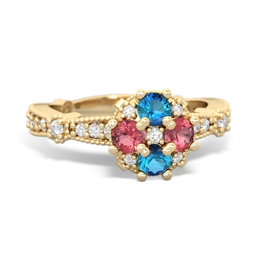 Genuine London Blue Topaz with Genuine Pink Tourmaline Milgrain Antique Style ring