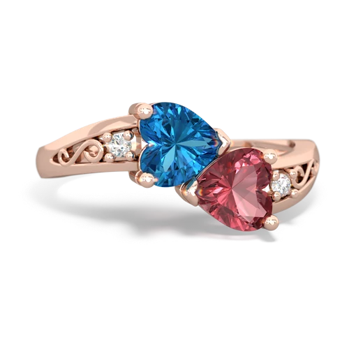 London Topaz Genuine London Blue Topaz with Genuine Pink Tourmaline Snuggling Hearts ring Ring