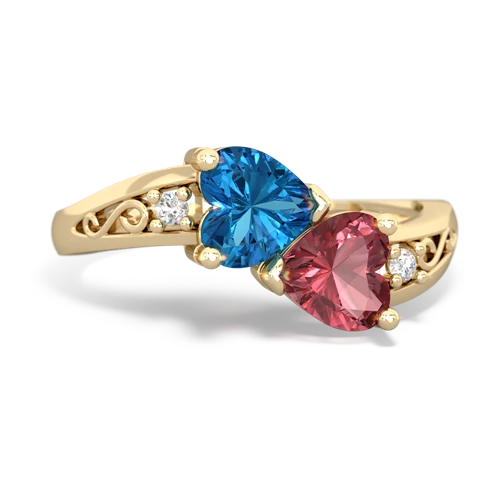 Genuine London Blue Topaz with Genuine Pink Tourmaline Snuggling Hearts ring