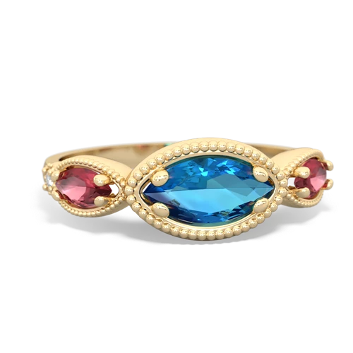 London Topaz Genuine London Blue Topaz with Genuine Pink Tourmaline and Genuine Fire Opal Antique Style Keepsake ring Ring
