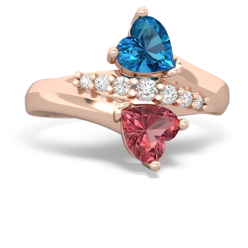 London Topaz Genuine London Blue Topaz with Genuine Pink Tourmaline Heart to Heart Bypass ring Ring