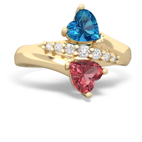 Genuine London Blue Topaz with Genuine Pink Tourmaline Heart to Heart Bypass ring