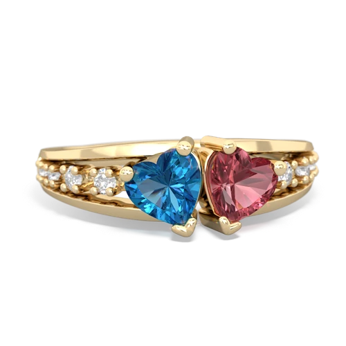Genuine London Blue Topaz with Genuine Pink Tourmaline Heart to Heart ring
