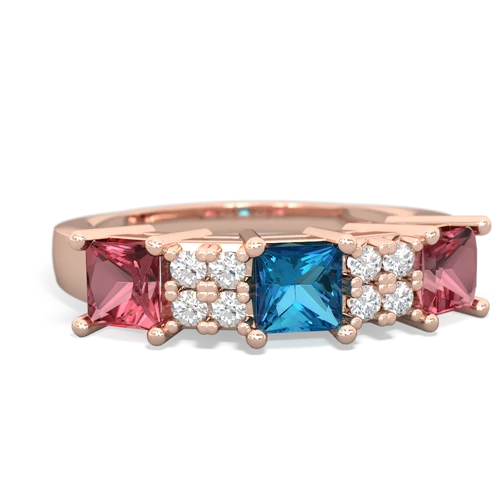 London Topaz Genuine London Blue Topaz with Genuine Pink Tourmaline and Lab Created Emerald Three Stone ring Ring