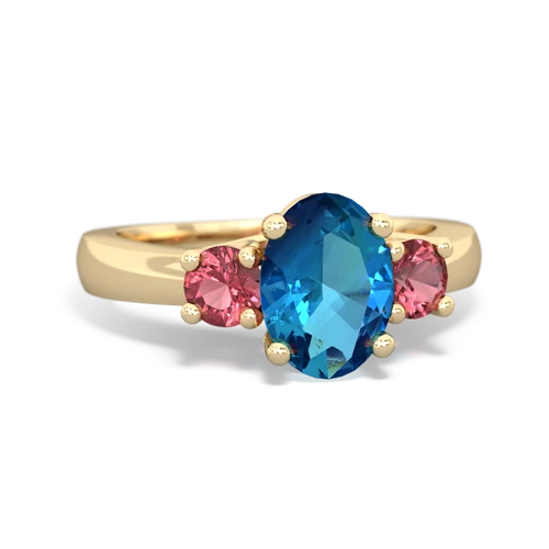 Genuine London Blue Topaz with Genuine Pink Tourmaline Three Stone Trellis ring