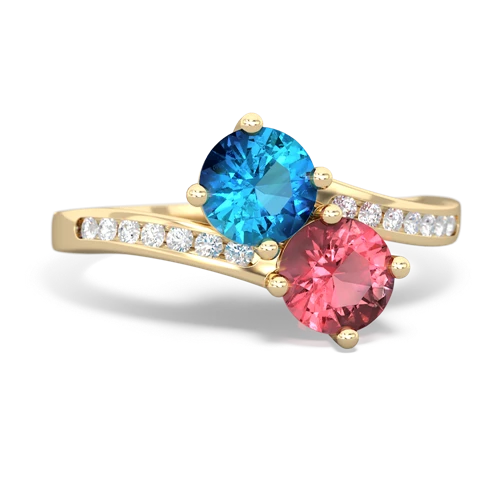 Genuine London Blue Topaz with Genuine Pink Tourmaline Keepsake Two Stone ring