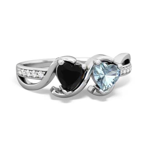 onyx-aquamarine double heart ring