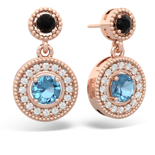 onyx-blue topaz halo earrings