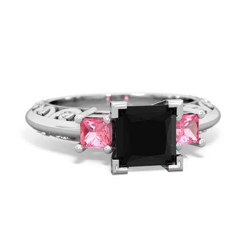 Black Onyx Genuine Black Onyx with Lab Created Pink Sapphire and Genuine Aquamarine Art Deco ring Ring