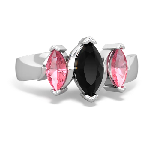 Black Onyx Genuine Black Onyx with Lab Created Pink Sapphire and Genuine Aquamarine Three Peeks ring Ring