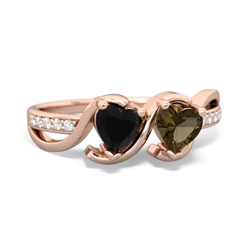 onyx-smoky quartz double heart ring