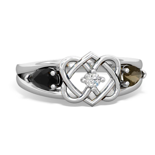 onyx-smoky quartz double heart ring