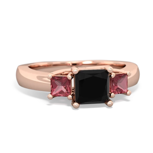 Black Onyx Genuine Black Onyx with Genuine Pink Tourmaline and Genuine Aquamarine Three Stone Trellis ring Ring