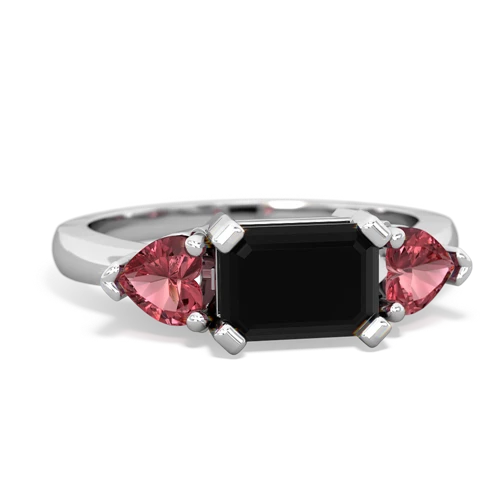 Black Onyx Genuine Black Onyx with Genuine Pink Tourmaline and Genuine Aquamarine Three Stone ring Ring