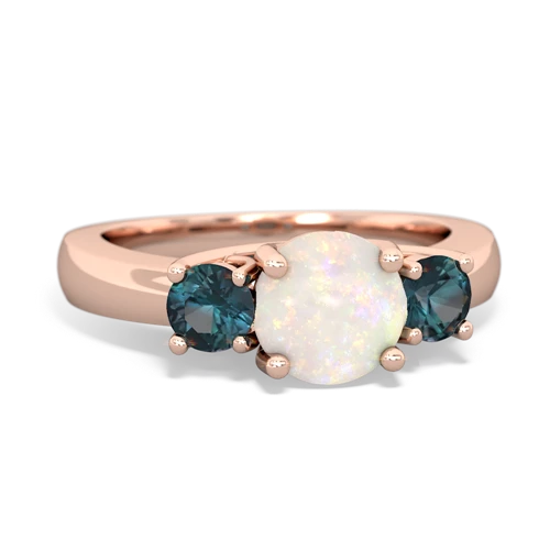 Opal Genuine Opal with Lab Created Alexandrite and Genuine Aquamarine Three Stone Trellis ring Ring
