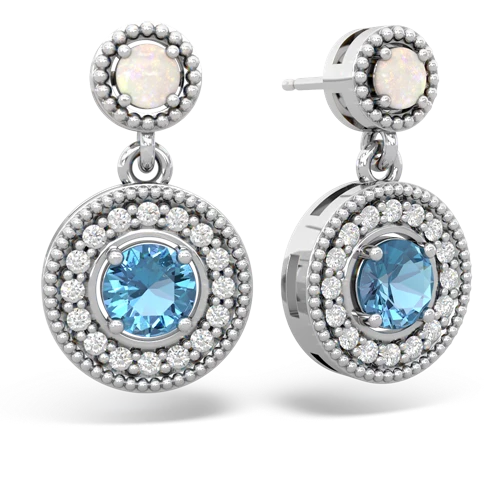 Opal Genuine Opal with Genuine Swiss Blue Topaz Halo Dangle earrings Earrings