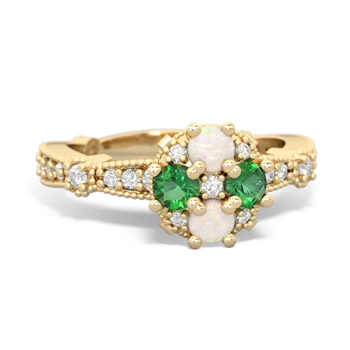 Opal Genuine Opal with Lab Created Emerald Milgrain Antique Style ring Ring