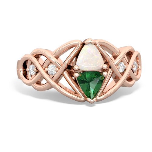 Opal Genuine Opal with Lab Created Emerald Keepsake Celtic Knot ring Ring
