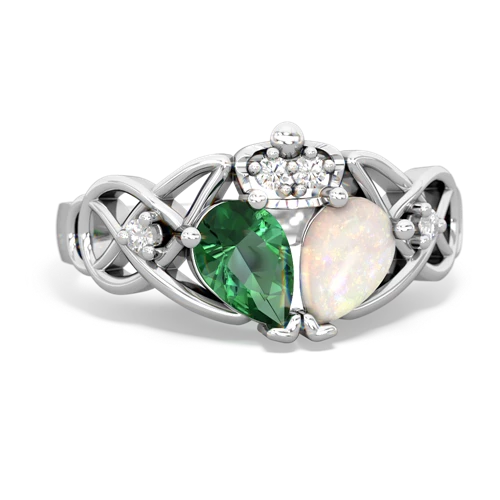 Opal Genuine Opal with Lab Created Emerald Two Stone Claddagh ring Ring
