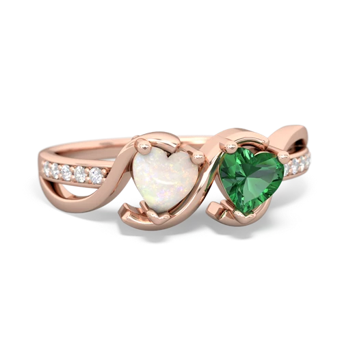 opal-lab emerald double heart ring