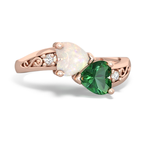 Opal Genuine Opal with Lab Created Emerald Snuggling Hearts ring Ring