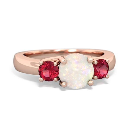 Opal Genuine Opal with Lab Created Ruby and Genuine Fire Opal Three Stone Trellis ring Ring