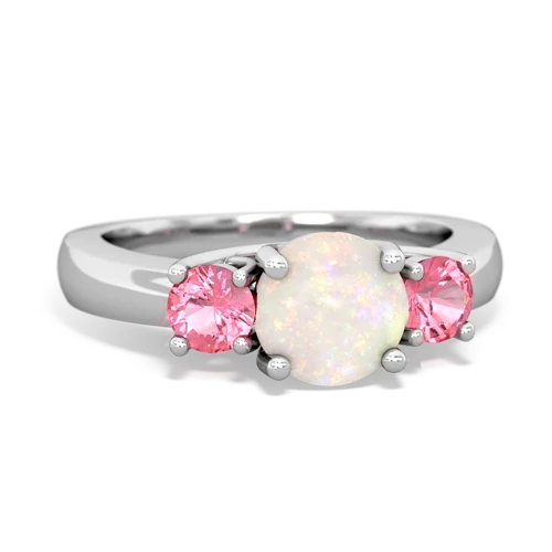 Opal Genuine Opal with Lab Created Pink Sapphire and  Three Stone Trellis ring Ring