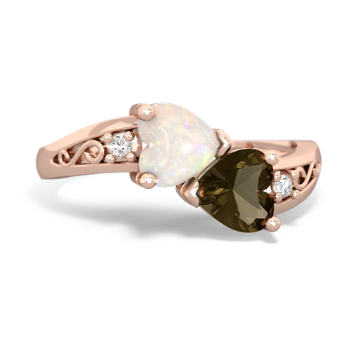 Opal Genuine Opal with Genuine Smoky Quartz Snuggling Hearts ring Ring