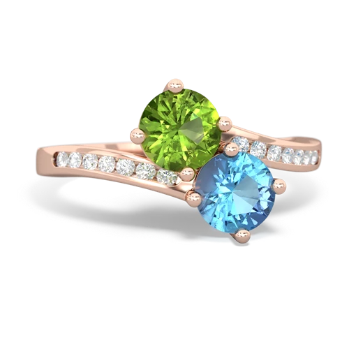 peridot-blue topaz two stone channel ring