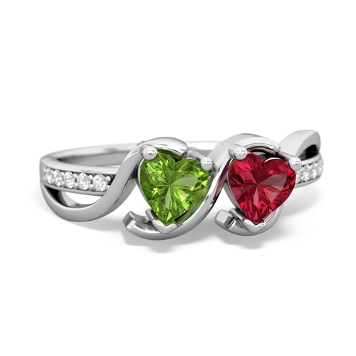 peridot-lab ruby double heart ring