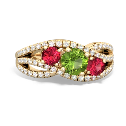 peridot-lab ruby three stone pave ring