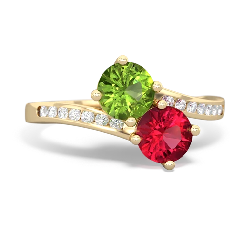 peridot-lab ruby two stone channel ring