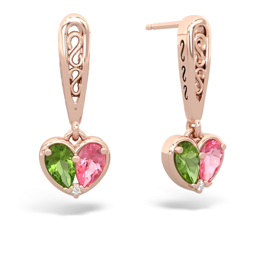 peridot-pink sapphire filligree earrings