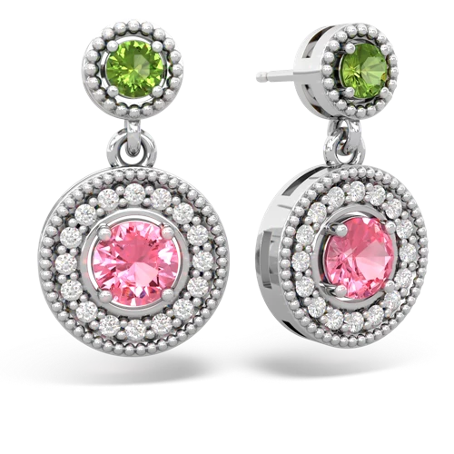 peridot-pink sapphire halo earrings