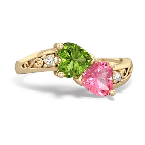 Peridot Genuine Peridot with Lab Created Pink Sapphire Snuggling Hearts ring Ring